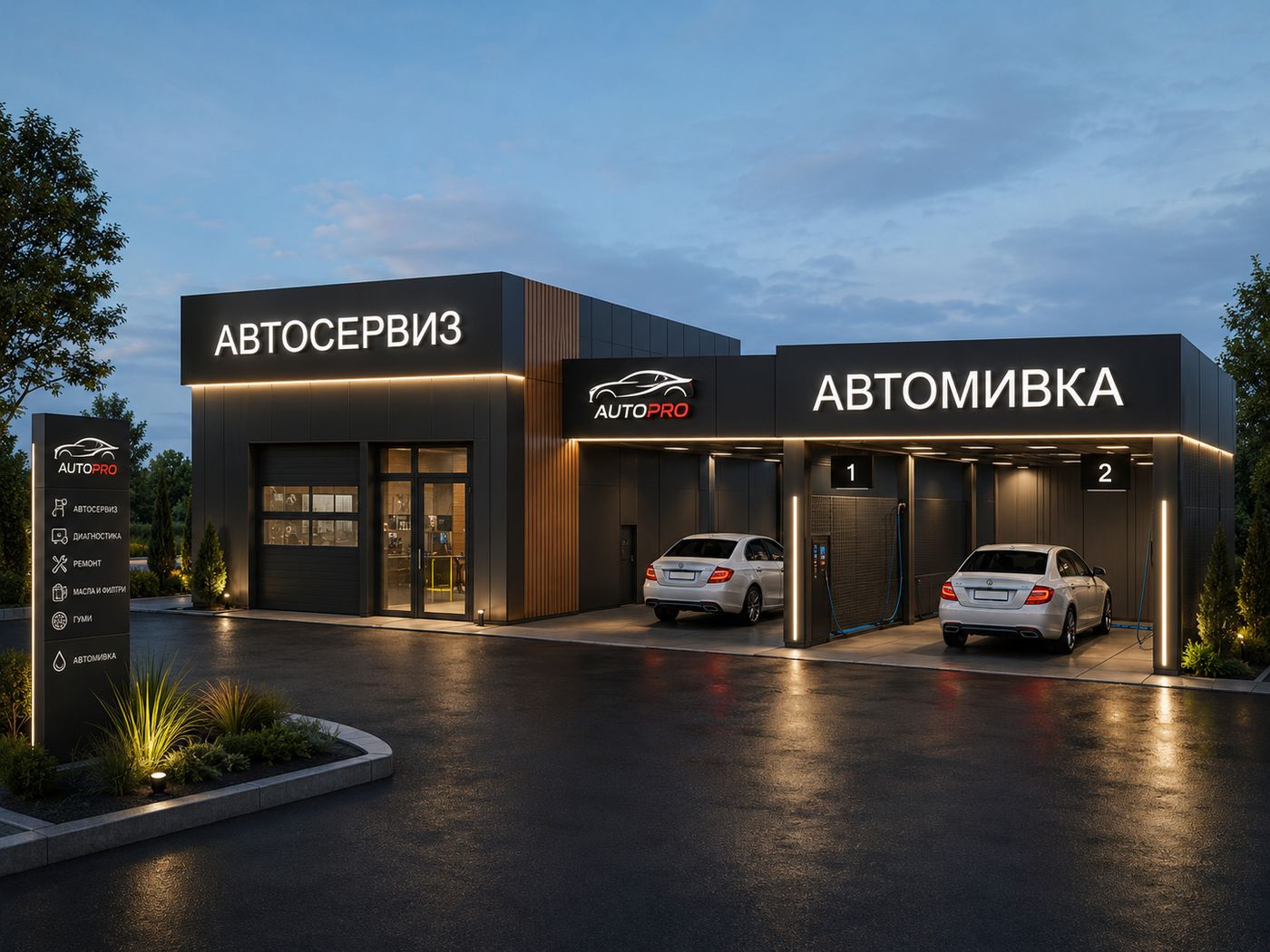 Автосервиз и автомивка с тъмна фасада и светещи надписи вечер